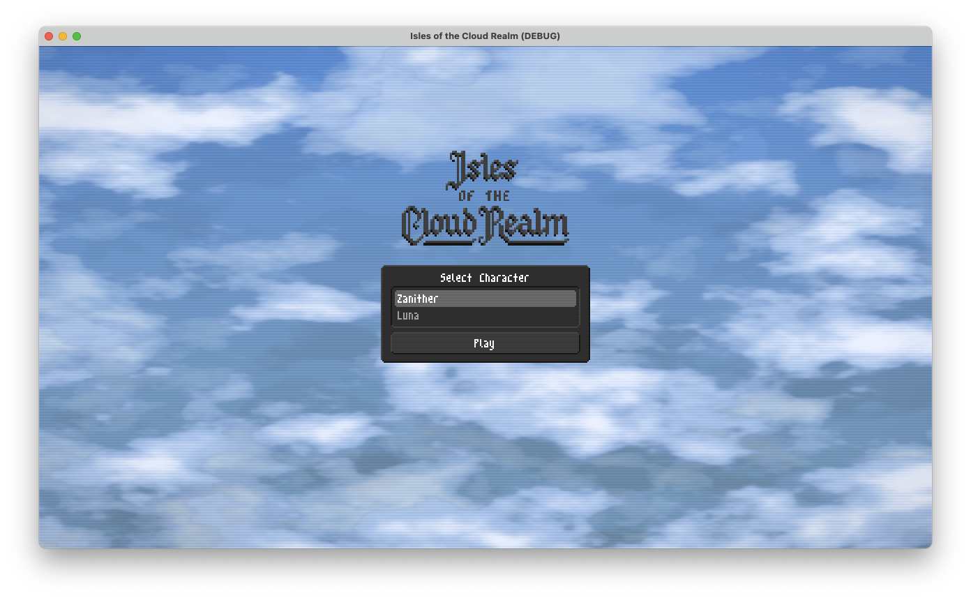 The Isles of the Cloud Realm character selection screen