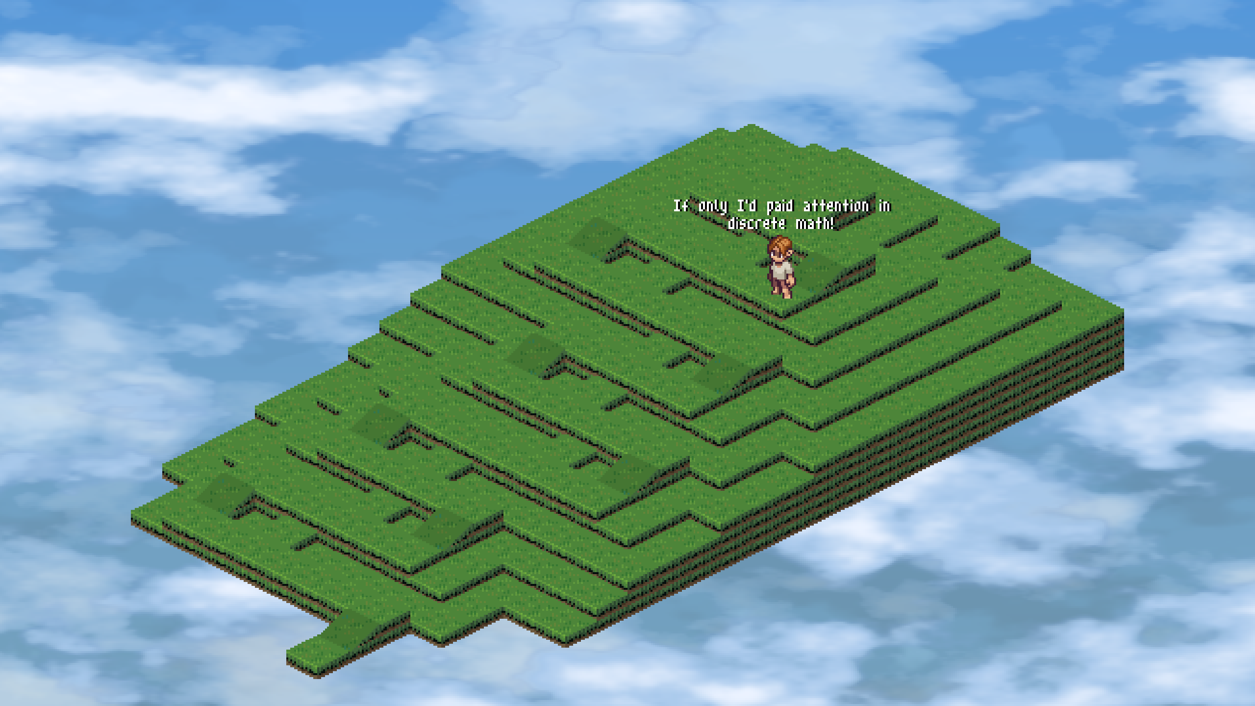 A player a terrace below the top of a grass mountain, saying "If only I'd paid attention in discrete math!"