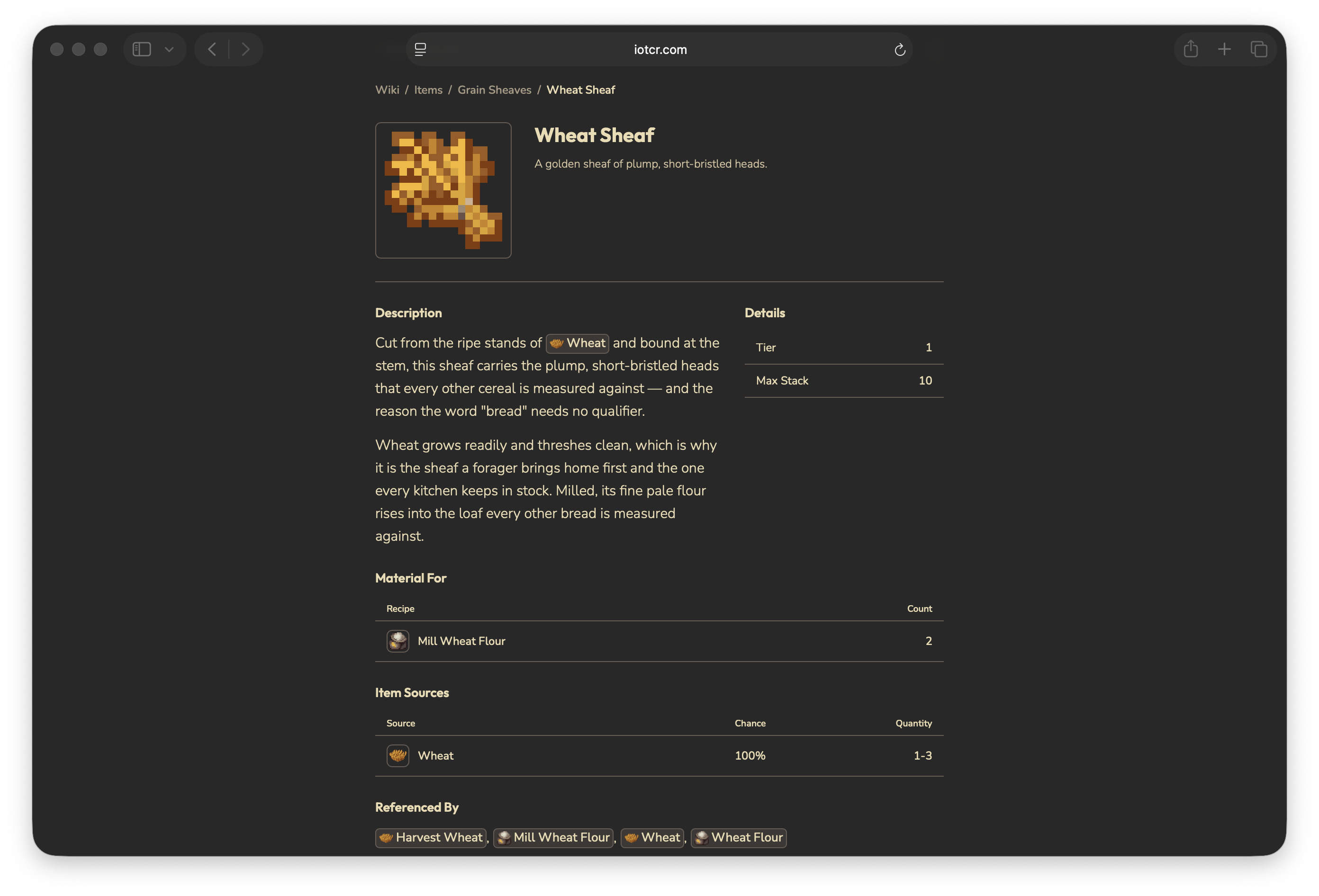 The Wheat Sheaf wiki entry, with Item Sources and Material For tables